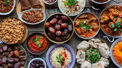Fototapeta na wymiar Traditional Arabic Food Served During Ramadan Featuring Dates and Almonds