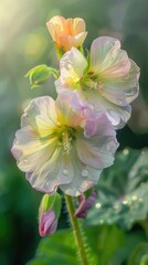 A light white purple, light yellow, pink geranium, with two buds on the flower branch
