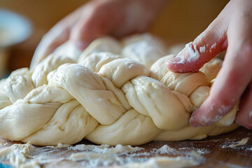 a person's hands shaping and braiding challah dough for a traditional Jewish bread - obrazy, fototapety, plakaty