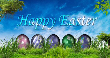Happy EASTER Illustration with Designer Eggs and Grass Trees Blue Sky Greeting Card