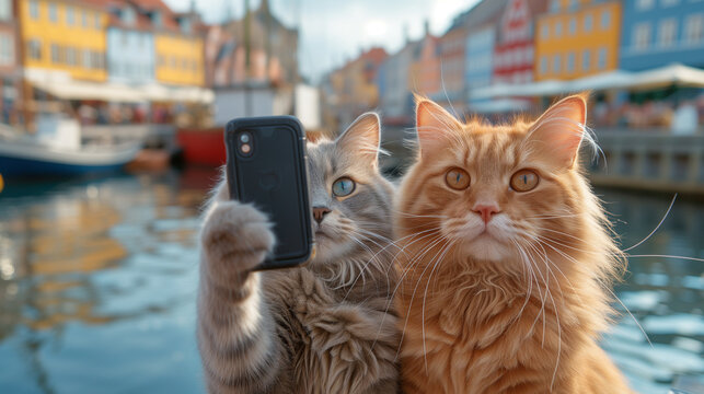 two ginger cats taking selfies against the background of landmarks. active lifestyle and tourism concept.