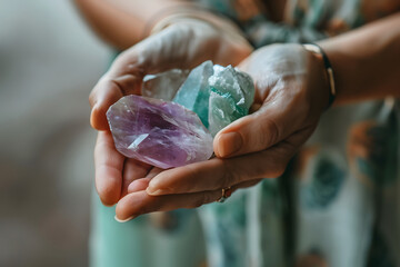 a person's hands holding a meditation crystal or gemstone during a mindfulness practice - obrazy, fototapety, plakaty