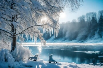 Icy riverside with a pair of ice skates hanging from a tree and surrounded by snow - obrazy, fototapety, plakaty
