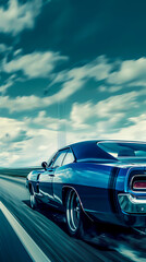 A muscle car roaring down an open highway, mobile phone wallpaper or advertising background