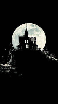 A haunted house silhouetted against a full moon, rendered in a surreal style, mobile phone wallpaper