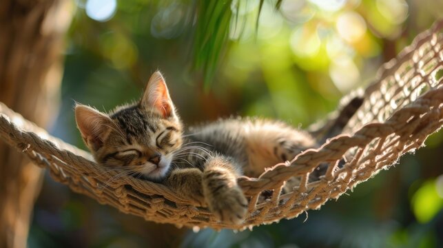 A cat is sleeping on a hammock. The hammock is made of rope and is hanging from a tree