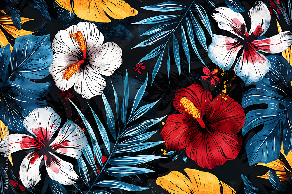 Wall mural Drawing of modern palm leaves and flowers on black background, perfect for tropical decor and fashion.