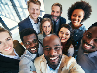 Multicultural happy people taking group selfie portrait in the office, diverse people celebrating together, Happy lifestyle, start-up and teamwork concept - obrazy, fototapety, plakaty