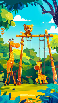 Cartoon animals playing on a jungle gym in the wild, mobile phone wallpaper