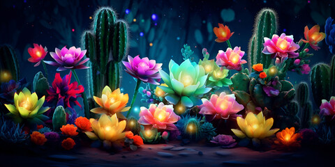 Fototapeta na wymiar Flowers of cactus in the dark with glowing lights in the background fantasy background 