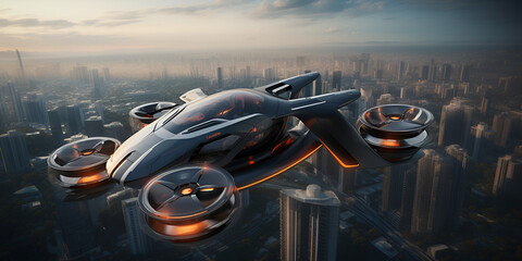 bicycle, Atmospheric scene featuring a futuristic flying car, Hovering Spaceship Futuristic Flying Car ,  futuristic flying car soaring through the sky, Generative AI