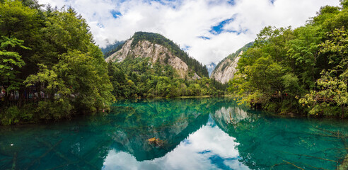 Beautiful view of the blue lake of Wolong Sea in Jiuzhaigou, Sichuan, China