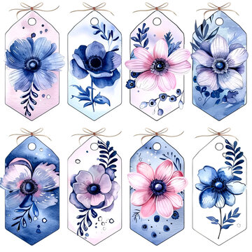 Watercolor floral tags with pink and blue flowers. Set of hand-painted watercolor gift tags with floral designs and blue botanical elements isolated on a white background. Design for greeting cards, i