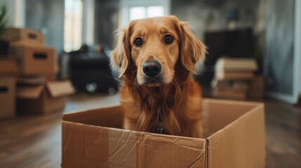 The red dog is sitting in a box in the middle of a half-empty apartment against the background of empty boxes. The concept of moving with animals.
