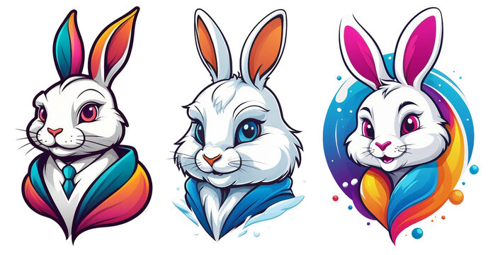 three illustrations of a rabbit in a tuxedo, a rabbit in a tuxedo, and a rabbit in a tuxedo, dreamy colorful cyberpunk colors