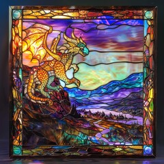 Magnificent brightly lit square stained glass window pane, deep luminous saturated color, striking proud poised heraldic mythical beast in fantastic landscape.