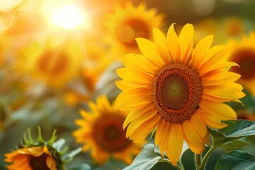 Fototapeta premium Sunrise over a field of sunflowers, bright and cheerful nature landscape.