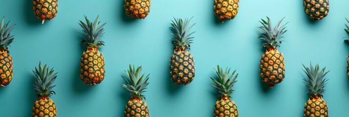 top view, ananas pattern on pastel green background. Happy summer vibes