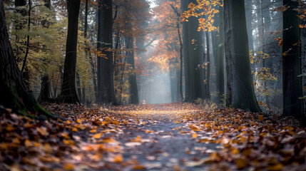 Tall trees and walk path of autumn forest in the morning