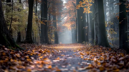 Rucksack Tall trees and walk path of autumn forest in the morning © Nick