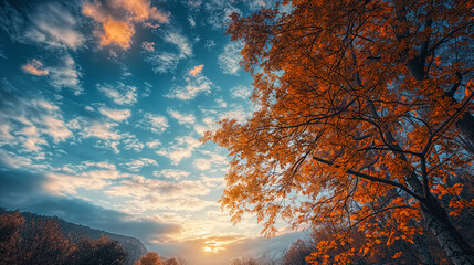 Sunset over the forest, blue sky and clouds