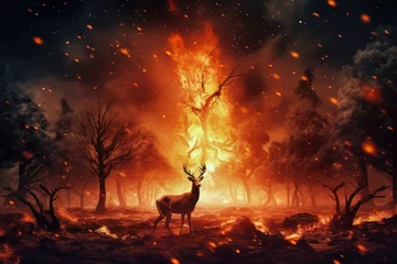 Plexiglas foto achterwand A deer stands in front of a raging fire in the woods, highlighting the danger of forest fires for wildlife © Anoo