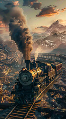 A landscape dominated by massive, steam-powered locomotives. mobile phone wallpaper, - obrazy, fototapety, plakaty