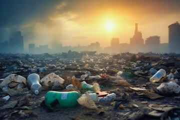 A city skyline with a massive heap of trash in the foreground, highlighting issues of environmental pollution and urban waste management - obrazy, fototapety, plakaty