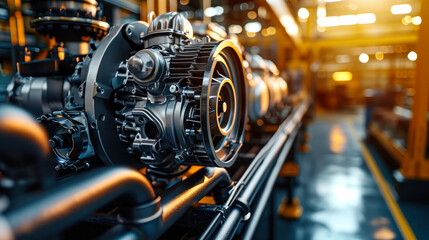 Fototapeta premium A large machine used in the production of modern engines is being transported on a conveyor belt at a high-tech factory