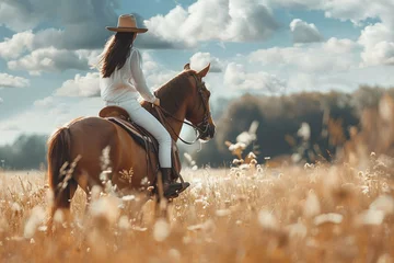 Fototapeten Woman riding a horse on paddock, horsewoman sport wear © Jasmeen
