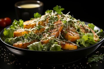Delicious classic caesar salad with romaine lettuce, croutons, parmesan cheese, and creamy dressing - obrazy, fototapety, plakaty
