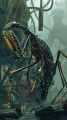A mechanical mantis moving its forelegs in response to screen swipes, mobile phone wallpaper