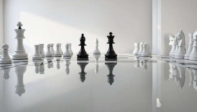 3d render, chess game black pawn piece stands in front of the round mirror with white Queen reflection. Contradiction metaphor. Perceptual distortion concept. Minimalist composition