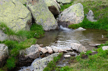 A beautiful mountain river flowing along the slopes of the mountains. the mountain slopes are covered with grass.