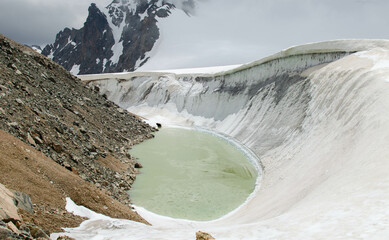 a lake in the mountains formed due to the melting of a glacier