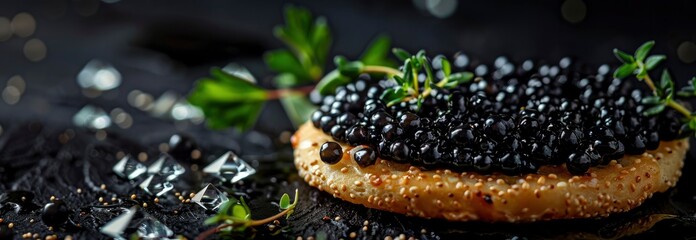 Black caviar on a cracker with herbs and diamonds in the dark background.
