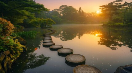 Path of circular stepping stones across a calm pond in a lush. - obrazy, fototapety, plakaty
