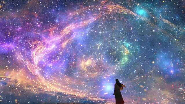 amidst the celestial tapestry a lone woman. seamless looping overlay 4k virtual video animation background