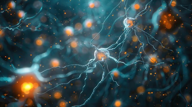 Neurons Network in the Human Brain with Glowing Synapses and Neural Cells in Blue and Orange Hues