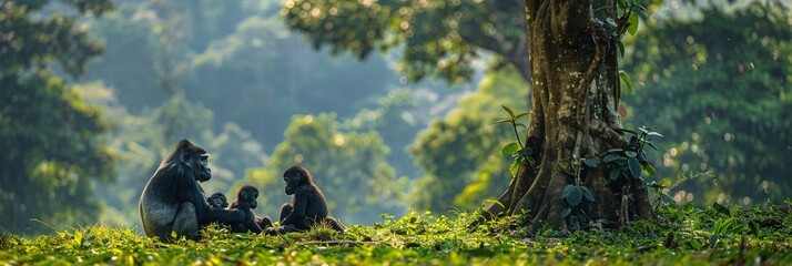Gorillas and their cubs are playing under a big tree in the middle of the fores. - obrazy, fototapety, plakaty