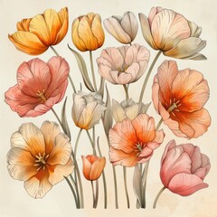Vintage botanical illustration of tulips. Hand-colored lithograph style drawing of various tulips on an off-white background. Botanical art and spring flowers concept