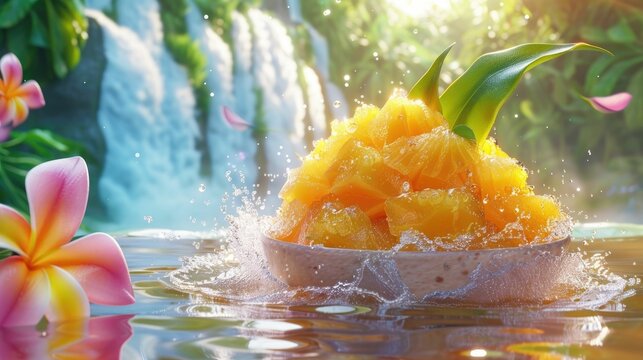 Refreshing mango shaved ice in a 3D cartoon tropical paradise, waterfall background