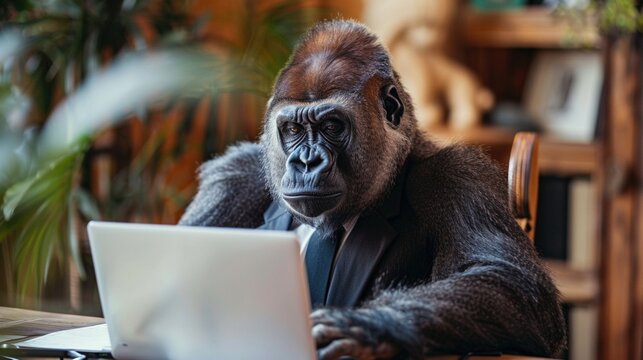 Gorilla wearing suit and tie is working with laptop in office room.