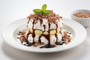 Tasty banana and chocolate dessert on a white plate, delicious and indulgent sweet treat