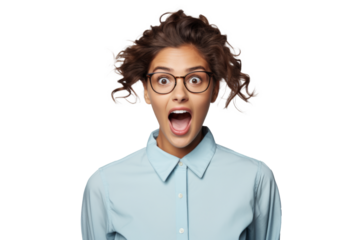 Astonished young woman with curly hair and glasses, open-mouthed, on a transparent background.