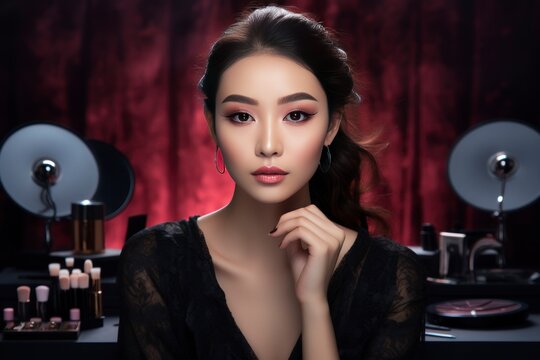 Photo woman with makeup box preparing makeup young asian face - generative ai