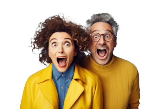 Surprised couple in colorful attire, with man in glasses and woman in yellow jacket, both ecstatic against transparent background - Powered by Adobe