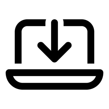 Laptop arrow down icon in outline style. Simple computer desktop vector illustration &mdash; pixel-perfect icon.