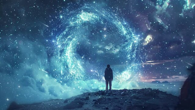 a man standing in front of cosmic panorama. amidst the cosmic panorama a lone man. seamless looping overlay 4k virtual video animation background