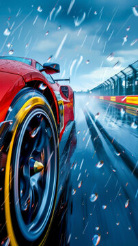 A race car speeding down a wet track, raindrops streaking across the windshield, mobile phone wallpaper or advertising background